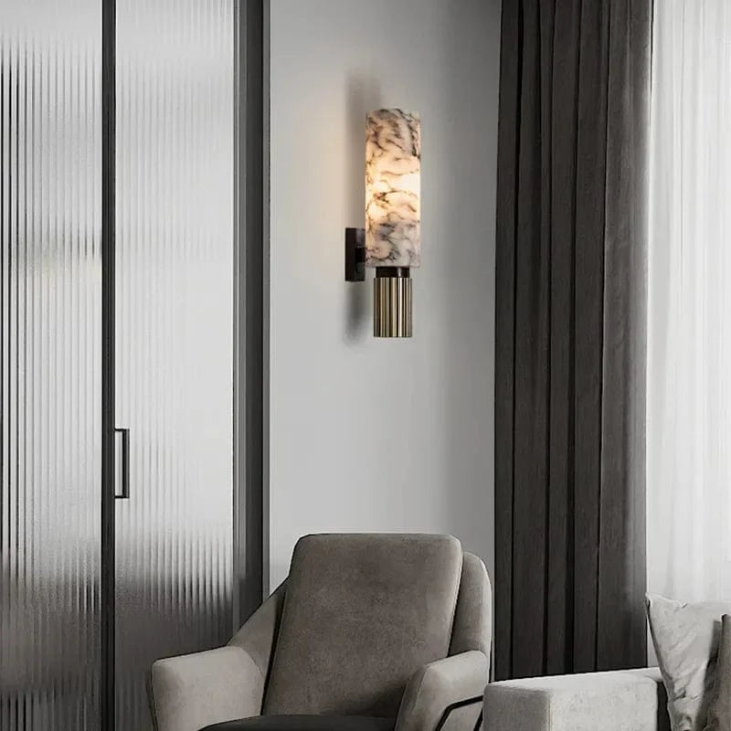 Vertical Cylinder Wall Sconce Light in Real Marble – Elegant Wall Lamp for Ambient Home Lighting