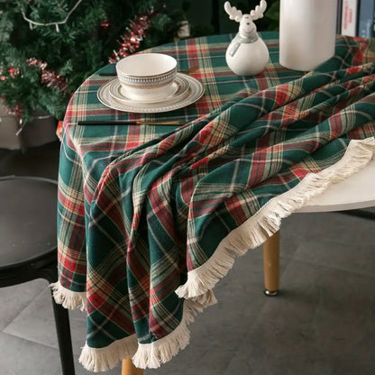 Vesper Round Tablecloth - Microfiber Blend, Holiday Plaid with Tasselled Edges