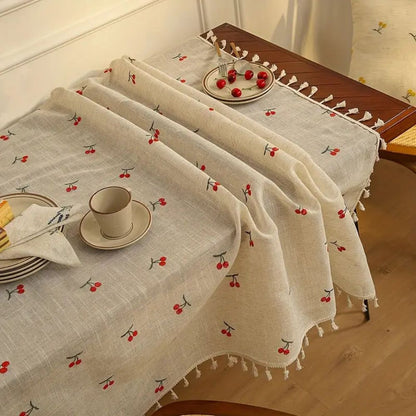 Vesta Tablecloth - Microfiber Blend with Red Cherry Tassels