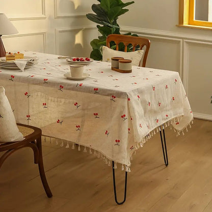 Vesta Tablecloth - Microfiber Blend with Red Cherry Tassels