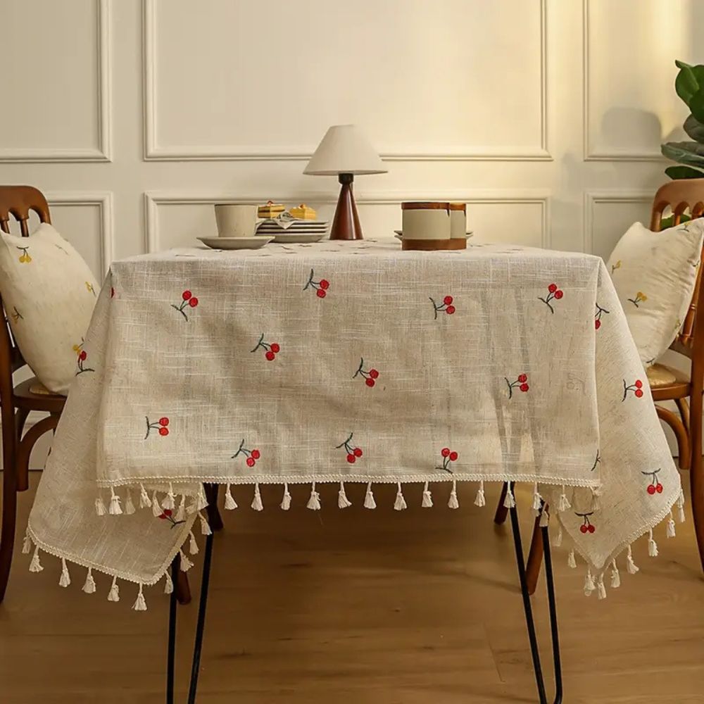 Vesta Tablecloth - Microfiber Blend with Red Cherry Tassels