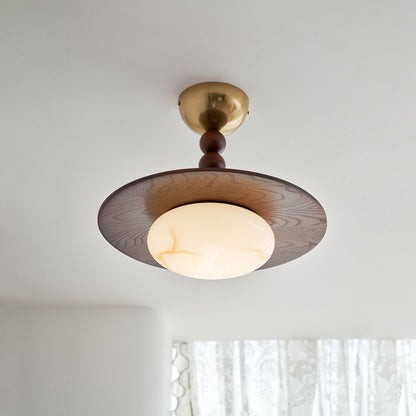 Wood and Alabaster Flush-Mount LED Ceiling Light 14 in Diameter, 36W 3000K for Kitchen Dining Room Bedroom