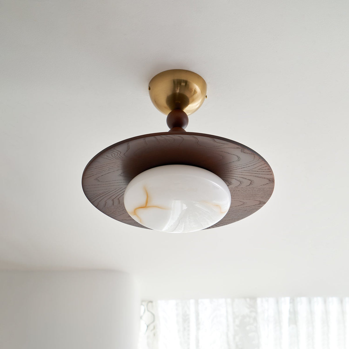 Wood and Alabaster Flush-Mount LED Ceiling Light 14 in Diameter, 36W 3000K for Kitchen Dining Room Bedroom