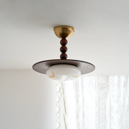 Wood and Alabaster Flush-Mount LED Ceiling Light 14 in Diameter, 36W 3000K for Kitchen Dining Room Bedroom