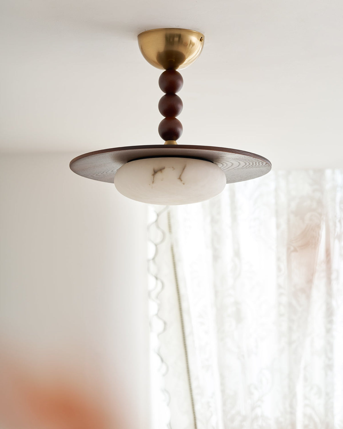 Wood and Alabaster Flush-Mount LED Ceiling Light 14 in Diameter, 36W 3000K for Kitchen Dining Room Bedroom