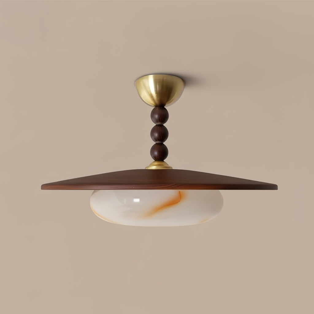 Wood and Alabaster Flush-Mount LED Ceiling Light 14 in Diameter, 36W 3000K for Kitchen Dining Room Bedroom