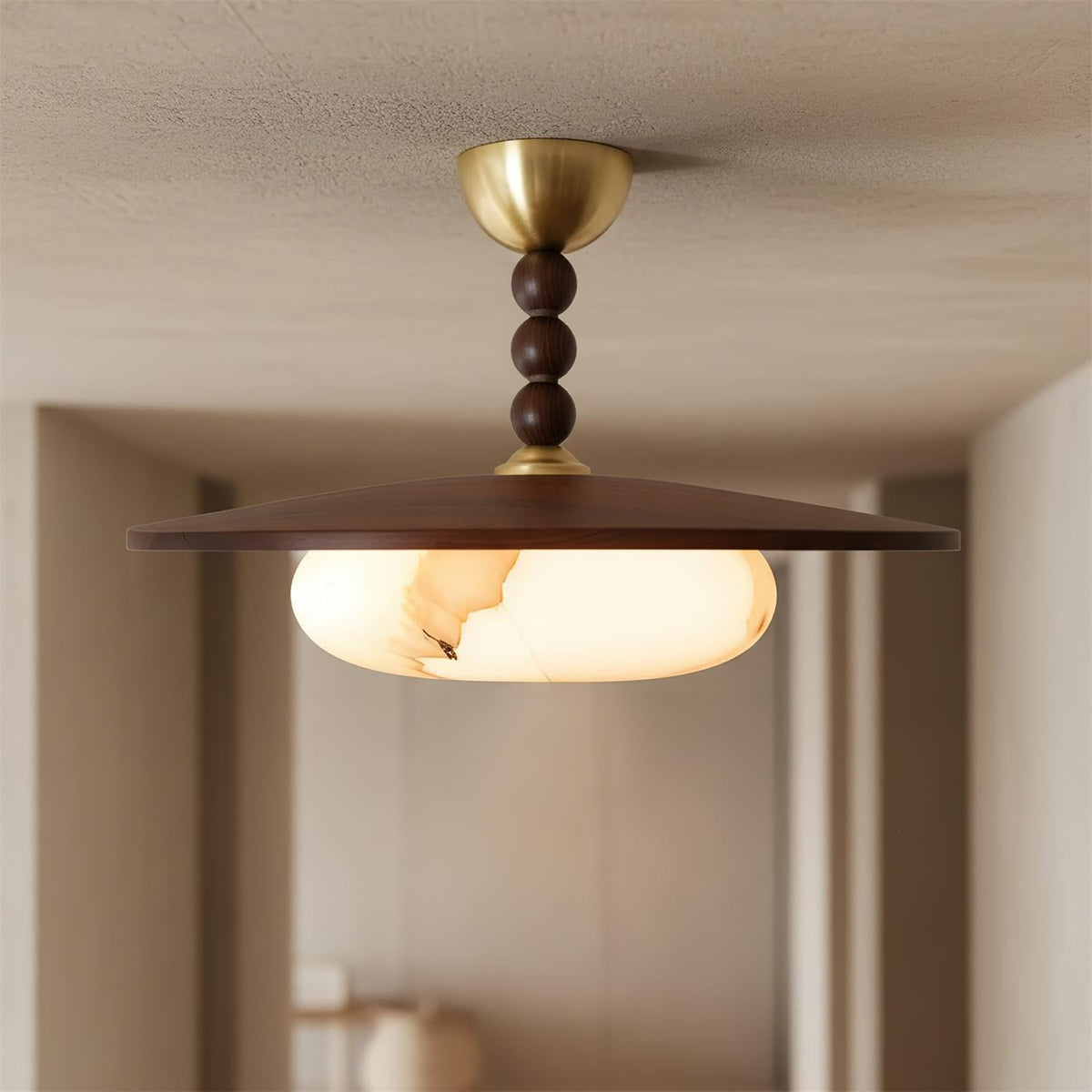 Wood and Alabaster Flush-Mount LED Ceiling Light 14 in Diameter, 36W 3000K for Kitchen Dining Room Bedroom