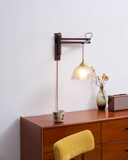 Swing-Arm Sconce with Wood & Brass Construction – Adjustable Directional Lighting for Bedroom, Reading Nook, Hallway – Multiple Shade Styles