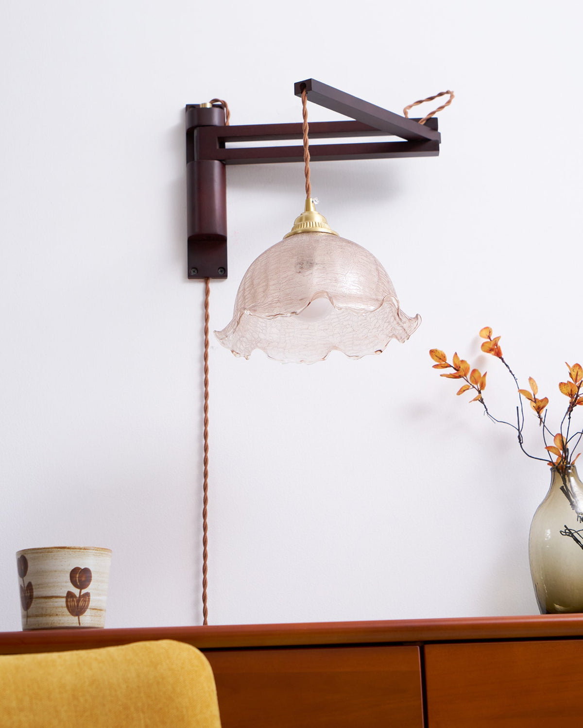 Swing-Arm Sconce with Wood & Brass Construction – Adjustable Directional Lighting for Bedroom, Reading Nook, Hallway – Multiple Shade Styles