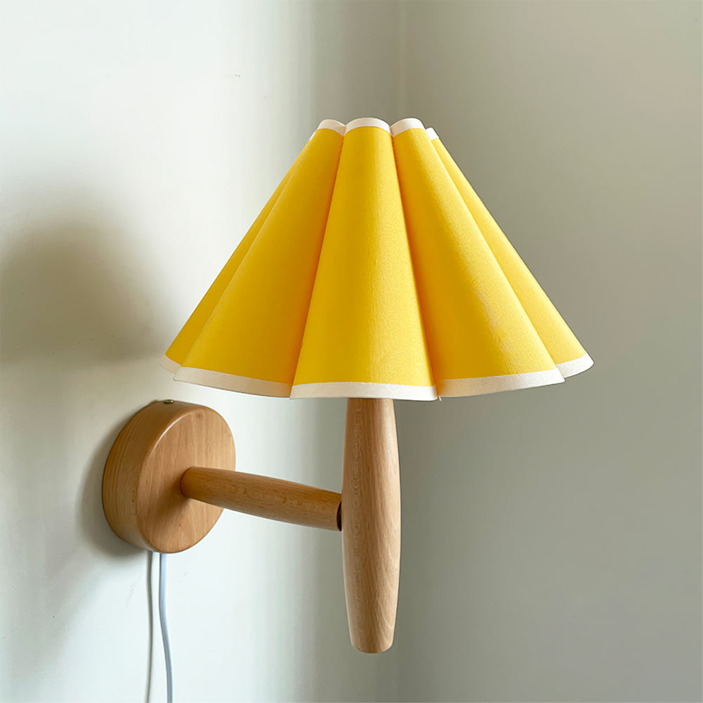 Plug-In Sconce with Fluted Fabric Shade 10 in Diameter Wood Frame for Bedroom Living Room Hallway Reading Nook Vintage Inspired Accent Light
