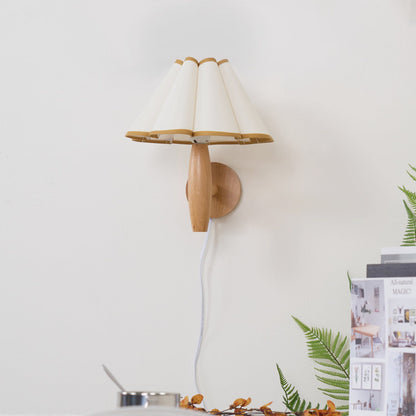 Plug-In Sconce with Fluted Fabric Shade 10 in Diameter Wood Frame for Bedroom Living Room Hallway Reading Nook Vintage Inspired Accent Light