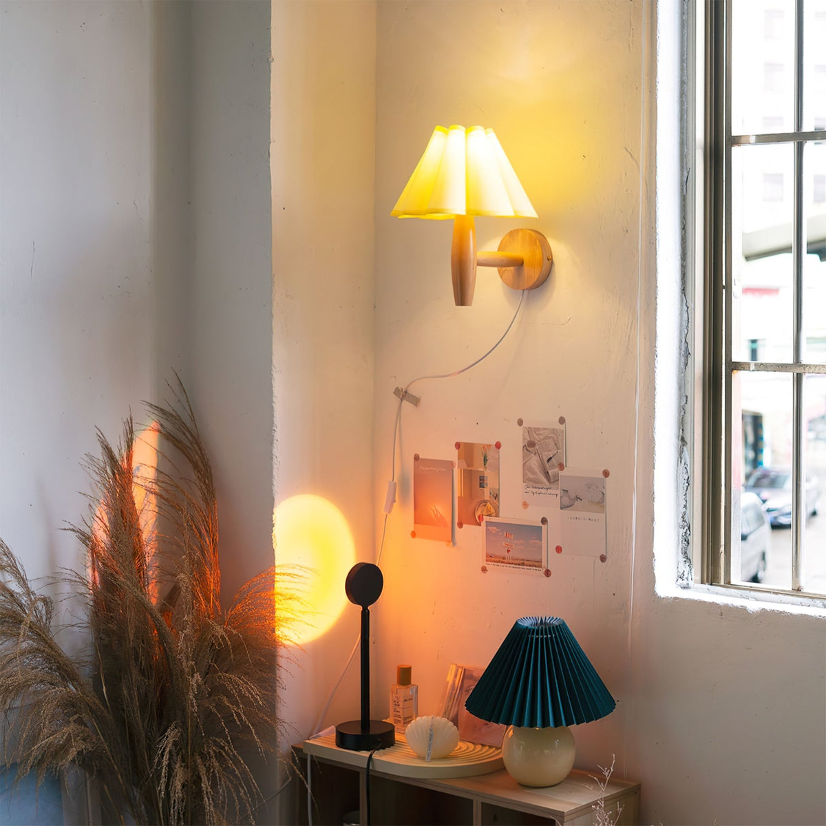 Plug-In Sconce with Fluted Fabric Shade 10 in Diameter Wood Frame for Bedroom Living Room Hallway Reading Nook Vintage Inspired Accent Light