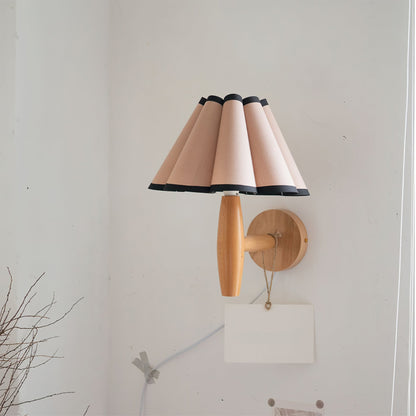 Plug-In Sconce with Fluted Fabric Shade 10 in Diameter Wood Frame for Bedroom Living Room Hallway Reading Nook Vintage Inspired Accent Light