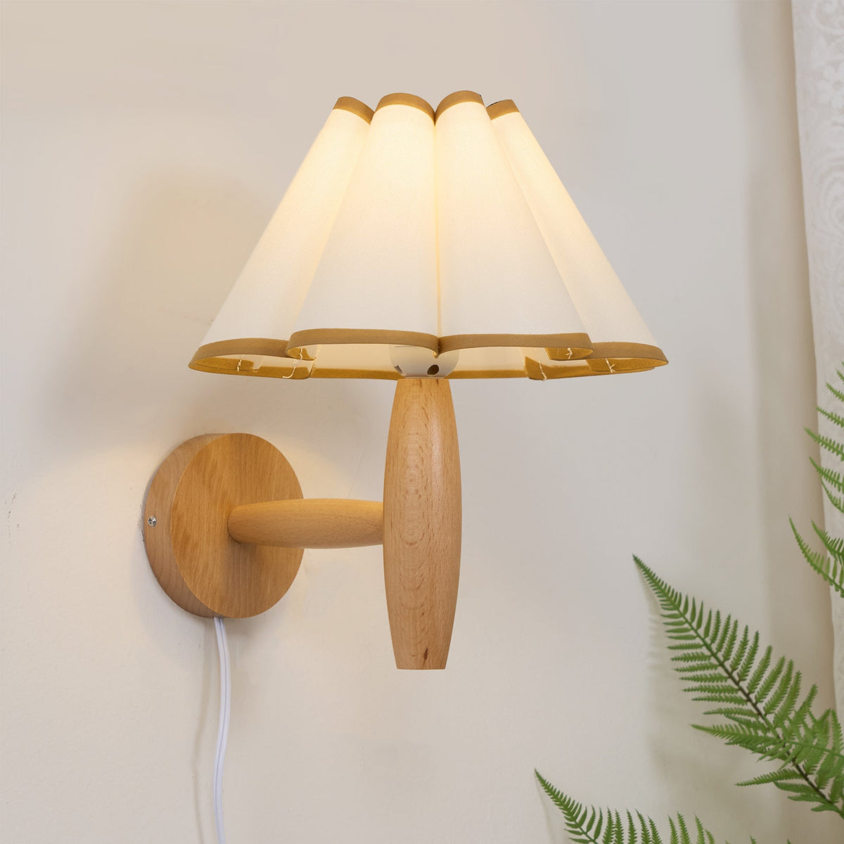 Plug-In Sconce with Fluted Fabric Shade 10 in Diameter Wood Frame for Bedroom Living Room Hallway Reading Nook Vintage Inspired Accent Light