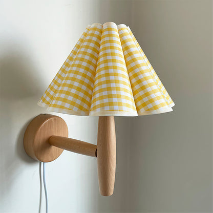Plug-In Sconce with Fluted Fabric Shade 10 in Diameter Wood Frame for Bedroom Living Room Hallway Reading Nook Vintage Inspired Accent Light