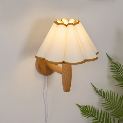 Plug-In Sconce with Fluted Fabric Shade 10 in Diameter Wood Frame for Bedroom Living Room Hallway Reading Nook Vintage Inspired Accent Light