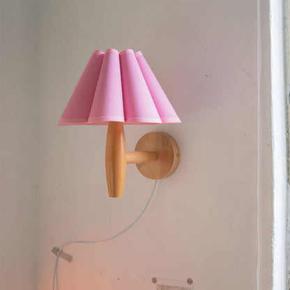 Plug-In Sconce with Fluted Fabric Shade 10 in Diameter Wood Frame for Bedroom Living Room Hallway Reading Nook Vintage Inspired Accent Light