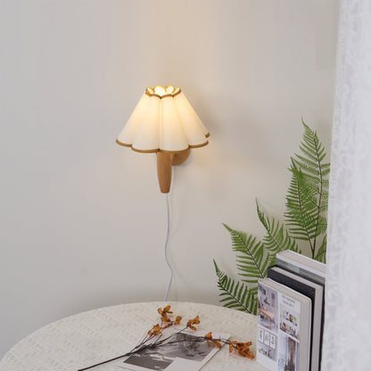Plug-In Sconce with Fluted Fabric Shade 10 in Diameter Wood Frame for Bedroom Living Room Hallway Reading Nook Vintage Inspired Accent Light