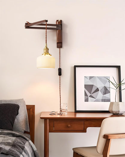 Swing-Arm Sconce with Wood & Brass Construction – Adjustable Directional Lighting for Bedroom, Reading Nook, Hallway – Multiple Shade Styles