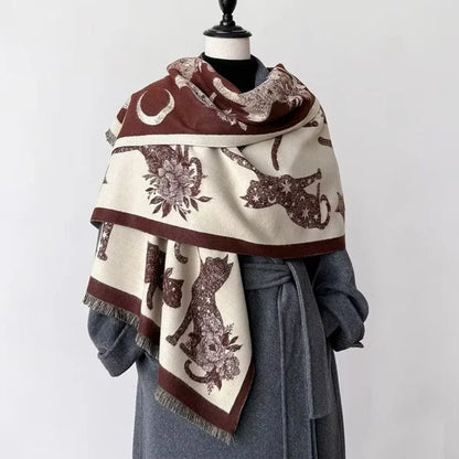 Viora Cat Print Scarf - Soft Microfiber, Vintage-Inspired Warmth