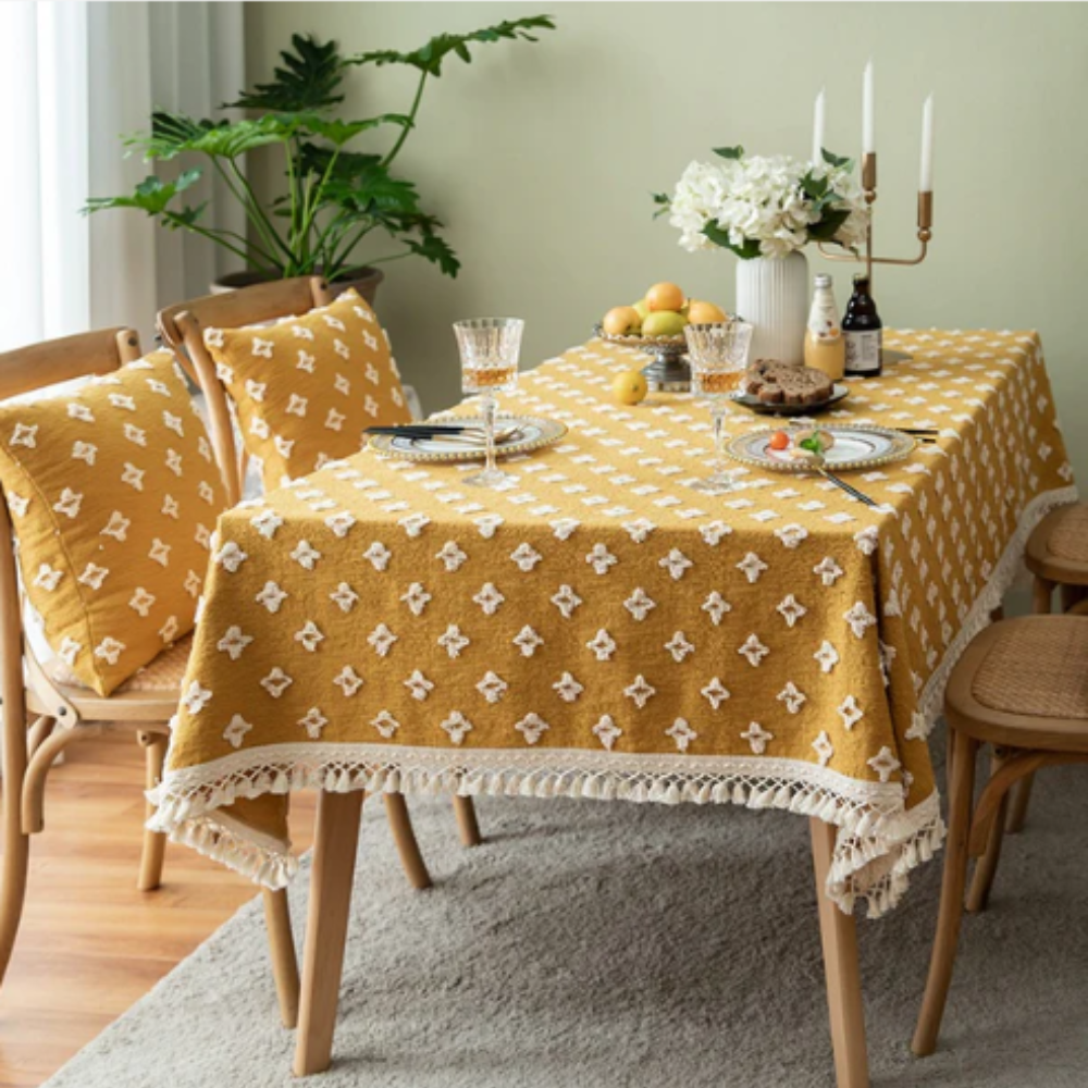 Viora Tablecloth - Cotton Blend, Embroidered with Tassel Detail