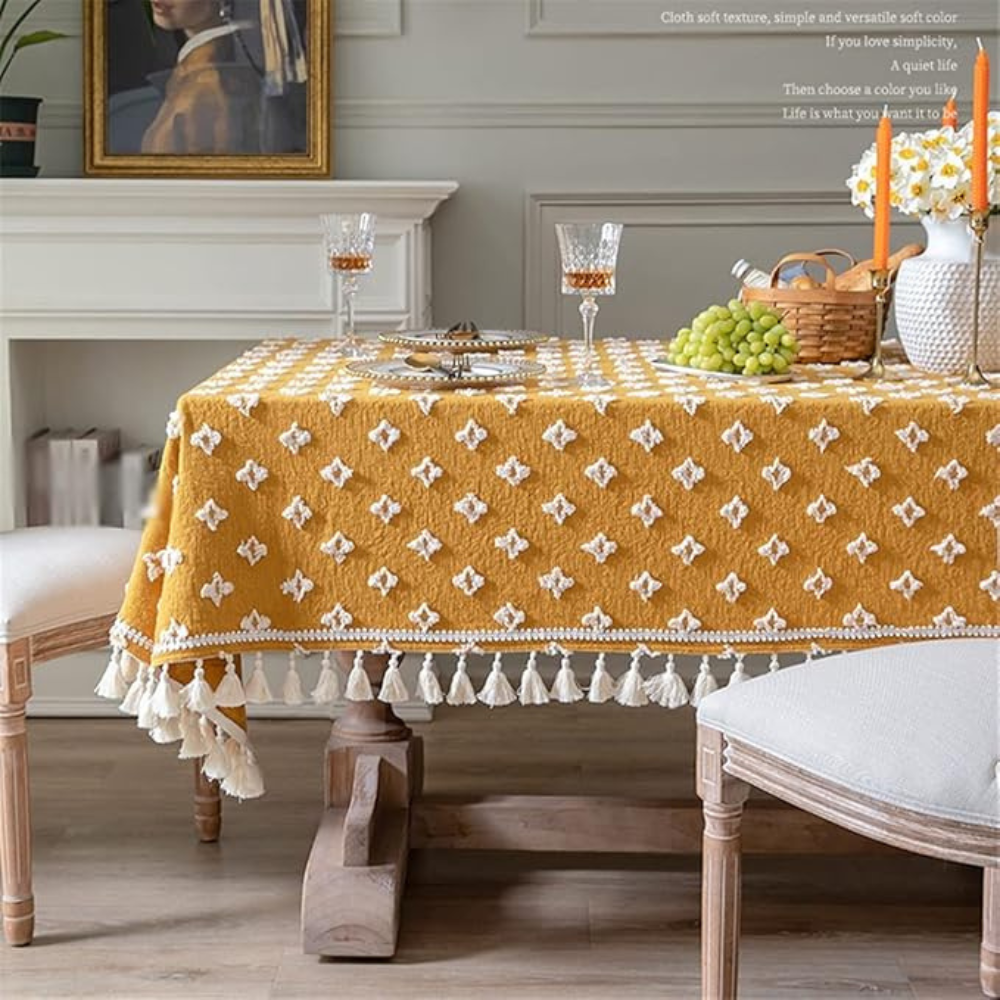 Viora Tablecloth - Cotton Blend, Embroidered with Tassel Detail