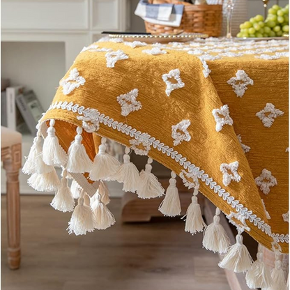 Viora Tablecloth - Cotton Blend, Embroidered with Tassel Detail