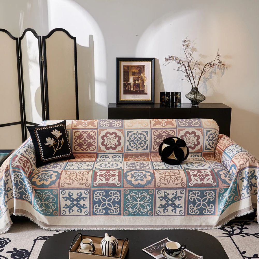 Vivid Mosaic Sofa Cover - Premium Chenille, Mediterranean Tile Throw