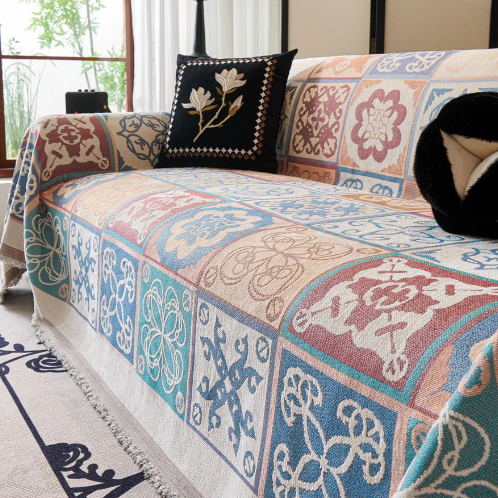 Vivid Mosaic Sofa Cover - Premium Chenille, Mediterranean Tile Throw