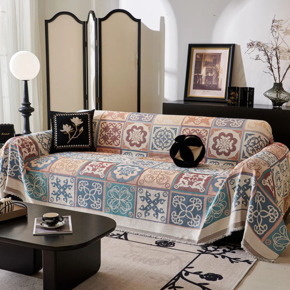 Vivid Mosaic Sofa Cover - Premium Chenille, Mediterranean Tile Throw