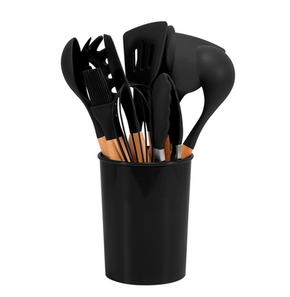 12-Piece Silicone Kitchen Utensil Set with Bamboo Handles and Holder – Heat-Resistant Nonstick Cooking Tools for Home Chefs