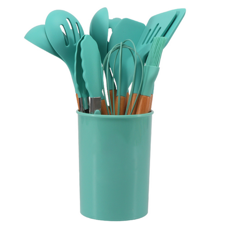 12-Piece Silicone Kitchen Utensil Set with Bamboo Handles and Holder – Heat-Resistant Nonstick Cooking Tools for Home Chefs