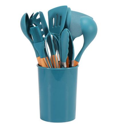 12-Piece Silicone Kitchen Utensil Set with Bamboo Handles and Holder – Heat-Resistant Nonstick Cooking Tools for Home Chefs