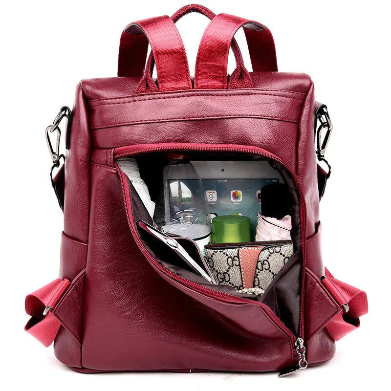 Elegant Leather Backpack with Anti-Theft Design & Unique Kangaroo Engraving | Stylish & Secure for Daily Use