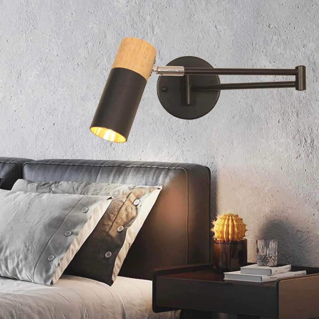 Swing Arm LED Sconce with 3 Light Temperatures for Bedroom Reading Nook Study Hallway | Wood Iron Adjustable Fixture 6 Inch Diameter White B