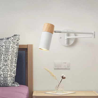Swing Arm LED Sconce with 3 Light Temperatures for Bedroom Reading Nook Study Hallway | Wood Iron Adjustable Fixture 6 Inch Diameter White B