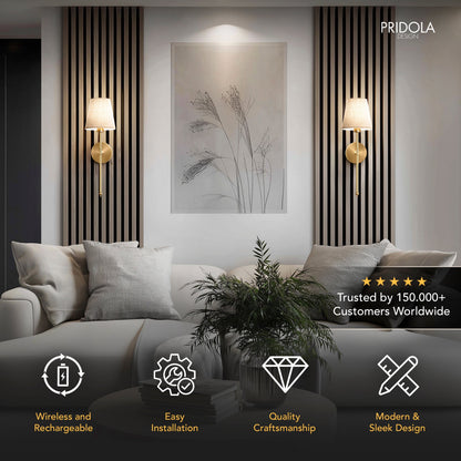 Rechargeable Sconce Set of 2 with Remote – Gold Metal & Linen Fabric, Dimmable RGB & White Light, 20 in Height