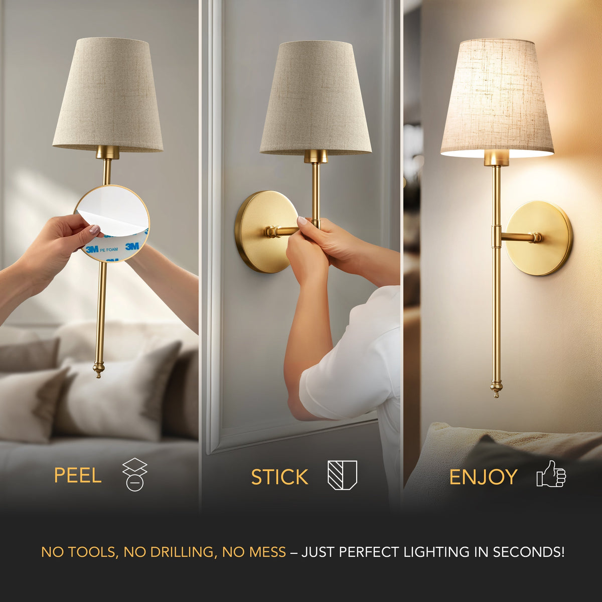 Rechargeable Sconce Set of 2 with Remote – Gold Metal & Linen Fabric, Dimmable RGB & White Light, 20 in Height