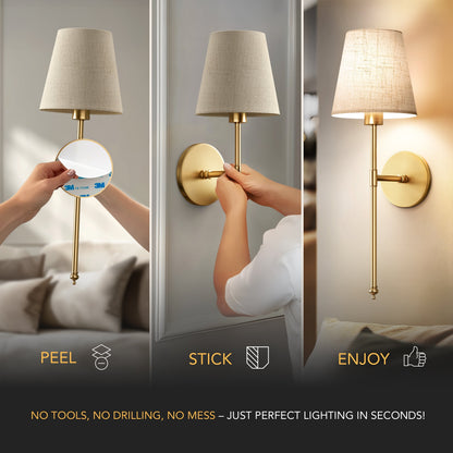 Rechargeable Sconce Set of 2 with Remote – Gold Metal & Linen Fabric, Dimmable RGB & White Light, 20 in Height