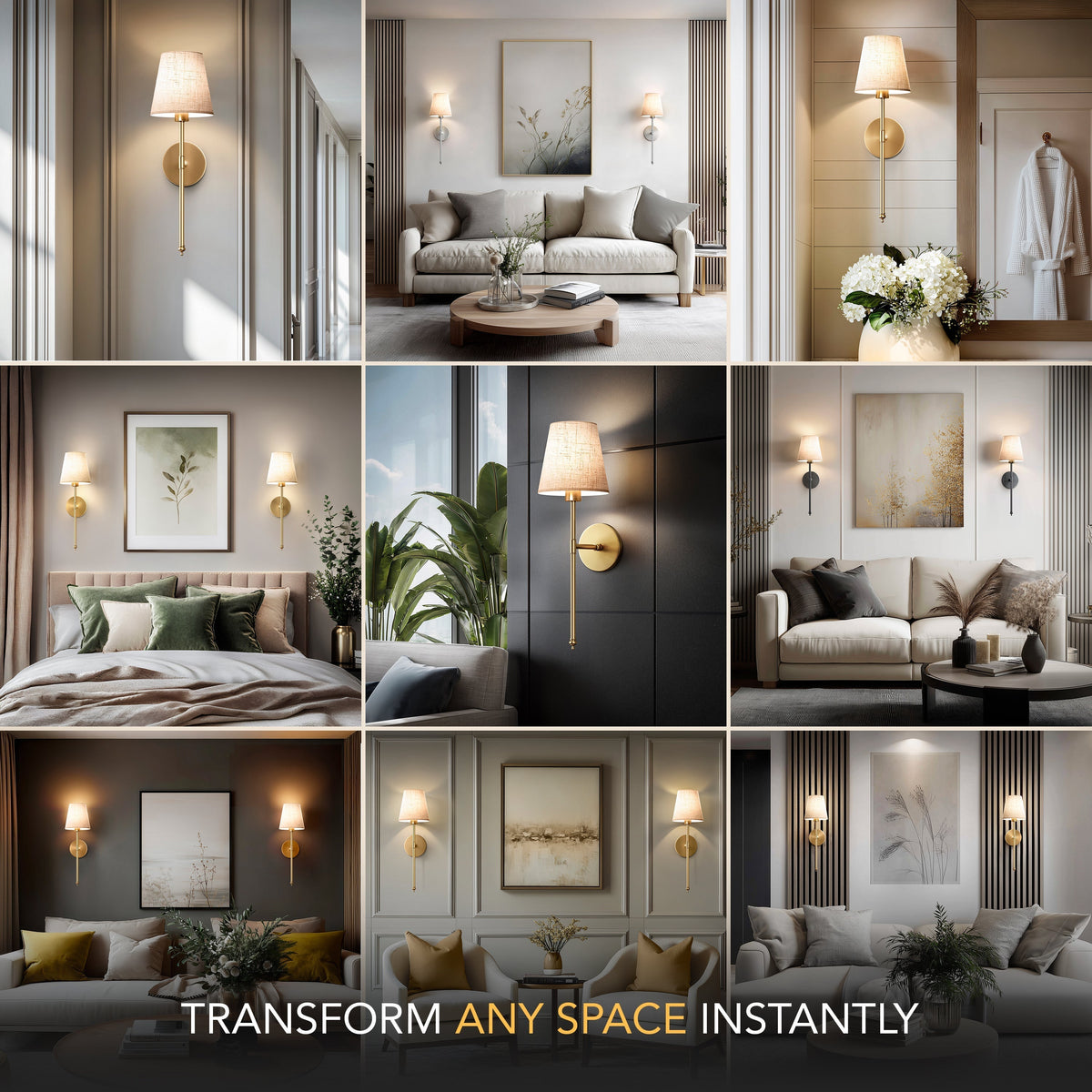 Rechargeable Sconce Set of 2 with Remote – Gold Metal & Linen Fabric, Dimmable RGB & White Light, 20 in Height