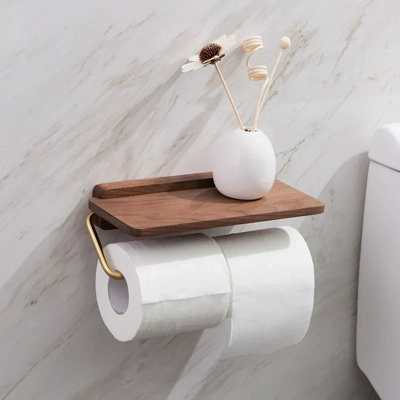 Bathroom Tissue Dispenser with Storage Shelf | Space-Saving Wood Wall Mount for Small Powder Rooms, En-Suites & Modern Restrooms | Natural W
