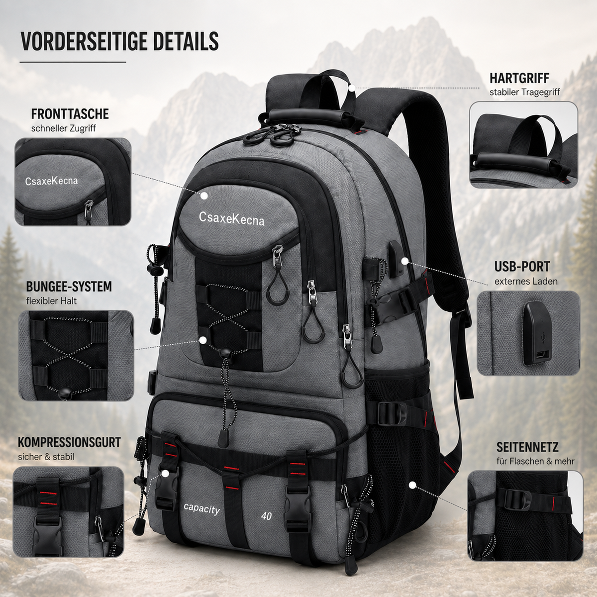 40L Hiking Backpack with USB Charging Port for Multi-Day Treks & Camping Trips – Water-Resistant Outdoor Daypack with Laptop Sleeve