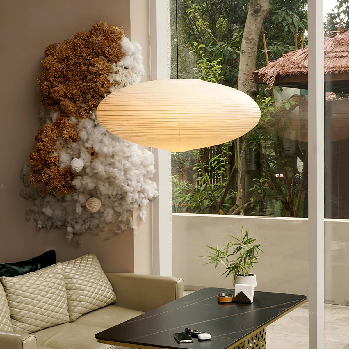 Handcrafted Paper Shade Ceiling Light with Adjustable Cord White Hanging Fixture for Bedroom Living Room Kitchen Dining Modern Indoor Lamp