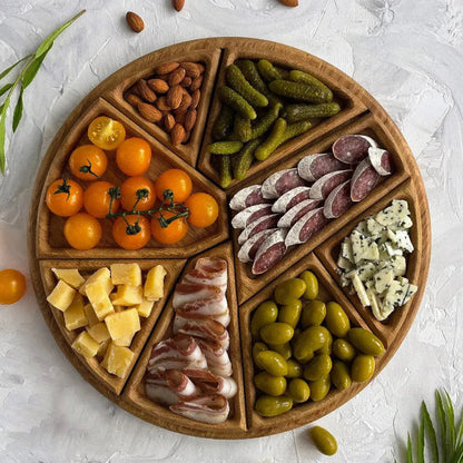 Wesley Serving Tray - Premium Wood, Round with Removable Compartments