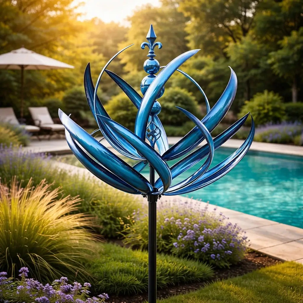 Metal Garden Wind Spinner Kinetic Yard Sculpture Dual-Spin Weather Vane Ornament Outdoor Lawn Stake Flower Petal Rotating Art for Patio Yard