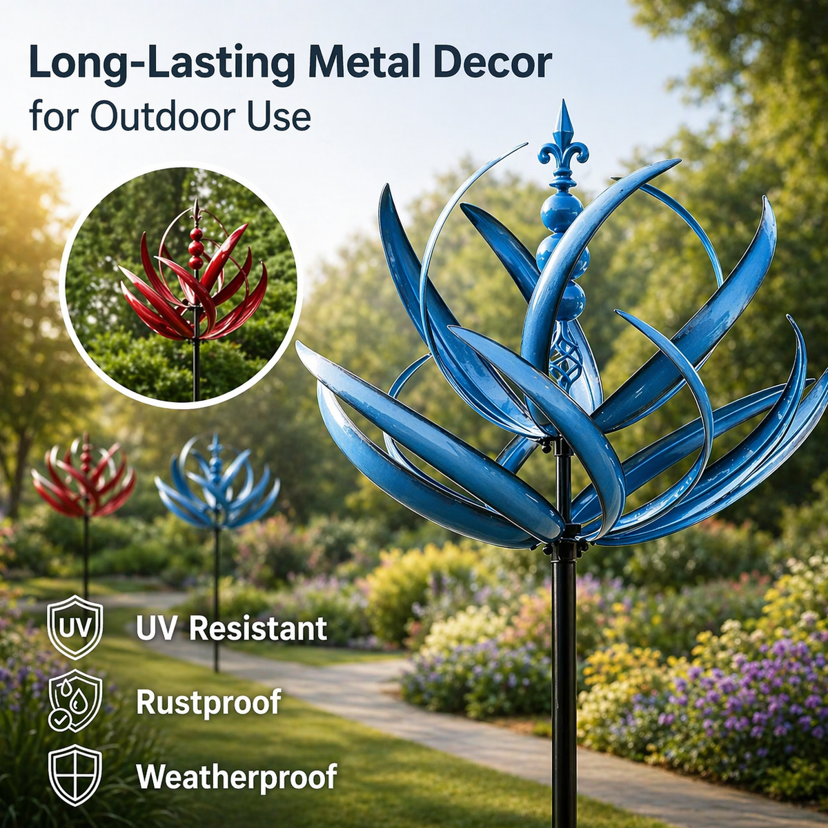 Metal Garden Wind Spinner Kinetic Yard Sculpture Dual-Spin Weather Vane Ornament Outdoor Lawn Stake Flower Petal Rotating Art for Patio Yard