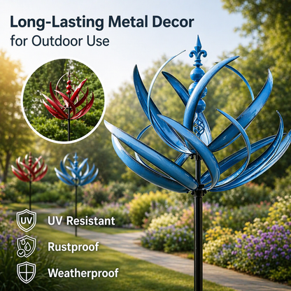 Metal Garden Wind Spinner Kinetic Yard Sculpture Dual-Spin Weather Vane Ornament Outdoor Lawn Stake Flower Petal Rotating Art for Patio Yard