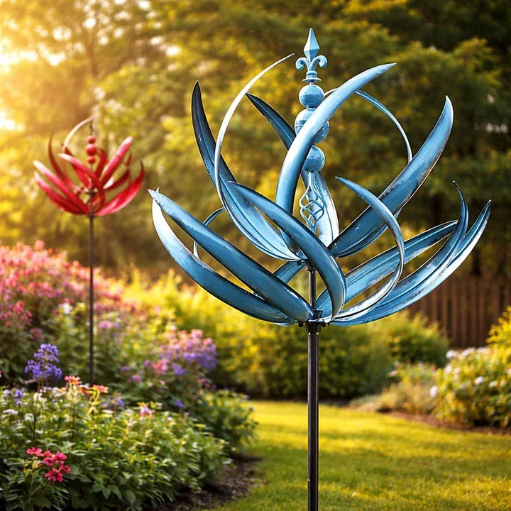 Metal Garden Wind Spinner Kinetic Yard Sculpture Dual-Spin Weather Vane Ornament Outdoor Lawn Stake Flower Petal Rotating Art for Patio Yard