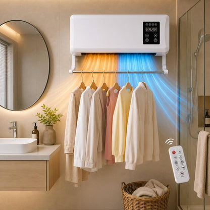 Wall-Mounted Heater Fan with Built-In Clothes Drying Rack & Remote Control for Bathroom Bedroom