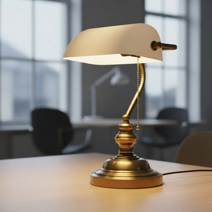 Classic Banker Desk Lamp with White Glass Shade & Antique Brass Base for Home Office Reading